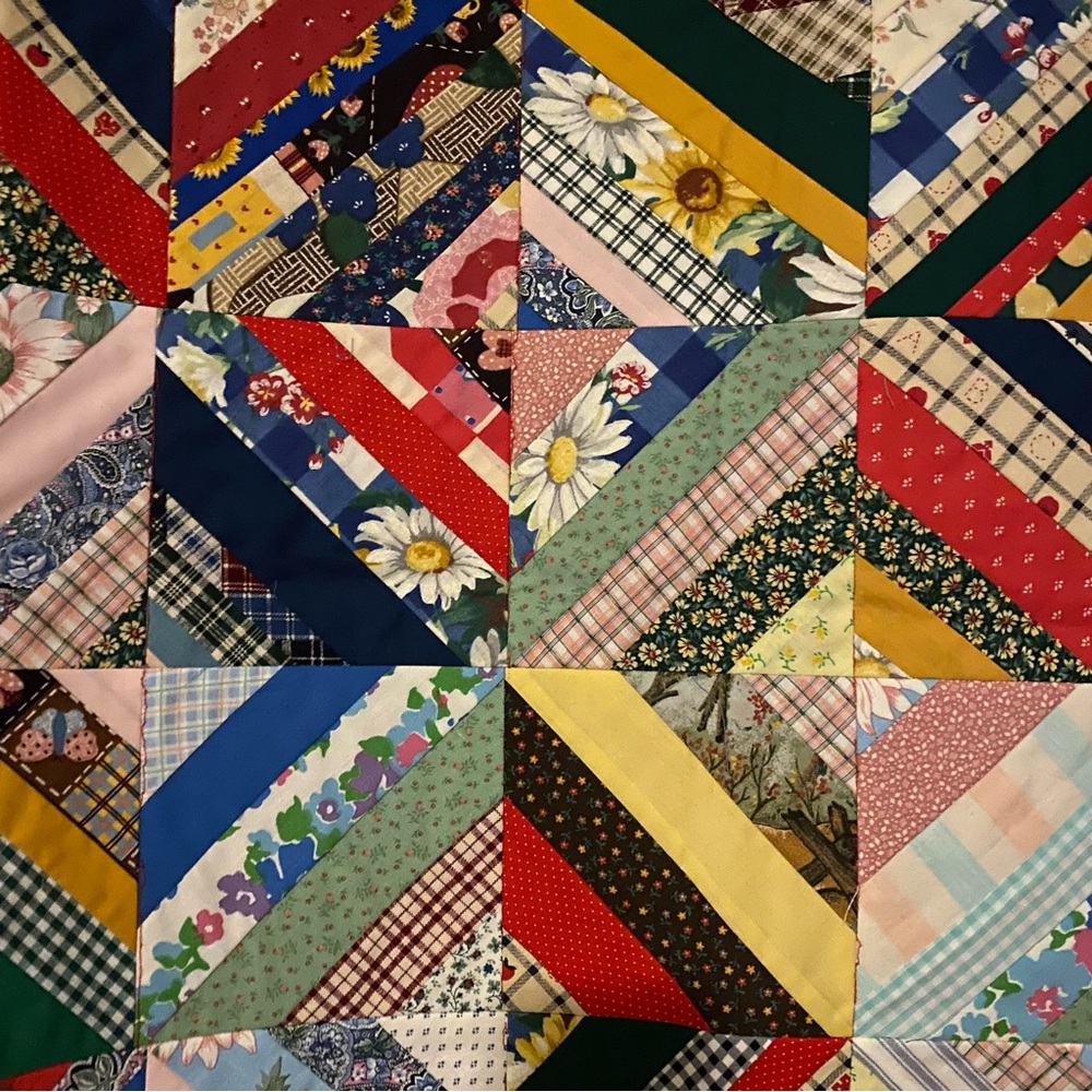 Handmade Patchwork Quilt Red Trim Baby Lap Throw Blanket Table Topper 48x48 - Picture 3 of 6